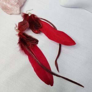 Boho Long Red Real Feather Earrings